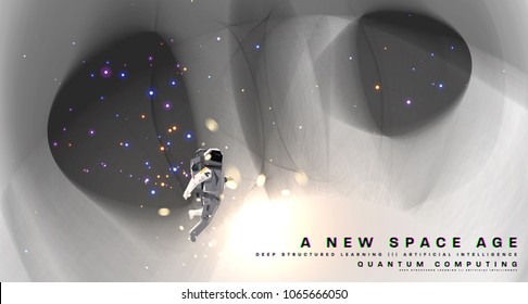 Astronaut. Cosmos futuristic abstract background, quantum space exploration and technology vector poster. Minimalistic shapes, stars and lights for science placards, banners and presentations.