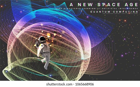 Astronaut. Cosmos futuristic abstract background, quantum space exploration and technology vector poster. Minimalistic shapes, stars and lights for science placards, banners and presentations.