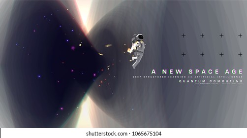 Astronaut. Cosmos Futuristic Abstract Background, Quantum Space Exploration And Technology Vector Poster. Minimalistic Shapes, Stars And Lights For Science Placards, Banners And Presentations.