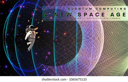 Astronaut. Cosmos futuristic abstract background, quantum space exploration and technology vector poster. Minimalistic shapes, stars and lights for science placards, banners and presentations.