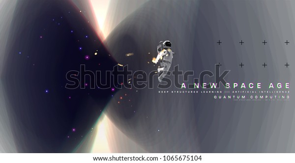 Astronaut. Cosmos futuristic abstract\
background, quantum space exploration and technology vector poster.\
Minimalistic shapes, stars and lights for science placards, banners\
and presentations.