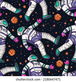 Astronaut cosmos galaxy universe science cosmic space seamless vector pattern