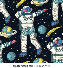 Astronaut cosmos galaxy universe science cosmic space seamless vector pattern