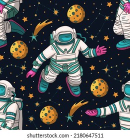 Astronaut cosmos galaxy universe science cosmic space seamless vector pattern