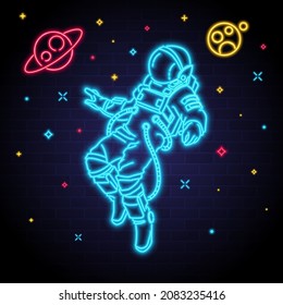 Astronaut and cosmos with neon light glowing illustration