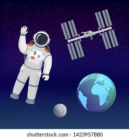 Astronaut in the cosmos space suit salutes on the cosmic background with Earth, Moon, stars and space station. Space tourism illustration set. Vector retro poster.