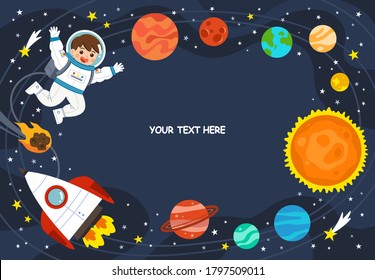 Astronaut in cosmos with spaceship stars and planets, spaceman in galaxy. Space scenes. Science Education concept. Template for advertising brochure.