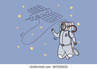 Astronaut in costume connected to satellite in open space. Spaceman with orbital body in universe. Opening new horizons concept. Enlightenment and discovery. Flat vector illustration. 