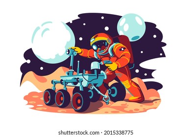 Astronaut in costume fix machine vector illustration. Astronaut character explore space flat style. Planets, galaxy, mars, future, earth and stars concept. Isolated on white background