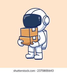 Astronaut courier with cardboard box. Vector flat cartoon character illustration