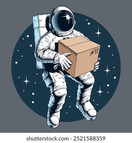 Astronauta courier segurando um pacote de encomendas caixa de embarcação de cartão. Fornecimento de espaço super rápido ou serviço em movimento. Ilustração vetorial.