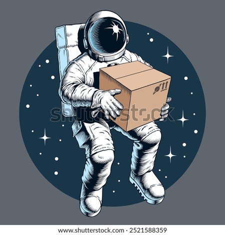 Astronaut courier holding a parcel package cardboard craft box. Super fast space delivery or moving service. Vector illustration.