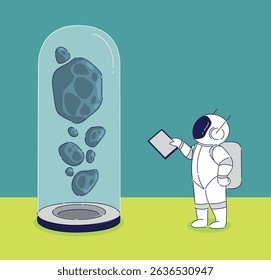 An Astronaut is Currently Observing Floating Meteorites Within a Glass Dome Structure