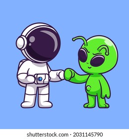 Astronaut With Cute Alien Friend Cartoon Vector Icon Illustration. Science Technology Icon Concept Isolated Premium Vector. Flat Cartoon Style
