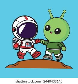 Astronaut With Cute Alien Friend Cartoon Vector Icon Illustration. Science Technology Icon Concept Isolated Premium Vector. Flat Cartoon Style