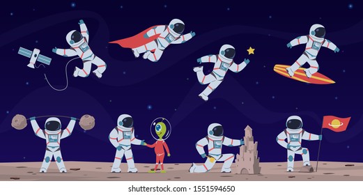 Astronaut. Cute astronauts working in space with equipment and spaceship, greeting alien and flying in starry sky cartoon vector stratosphere rocket travelling character