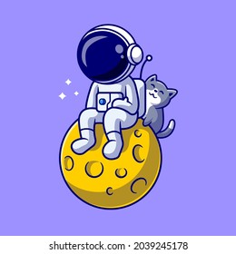 Astronaut And Cute Cat On Moon Cartoon Vector Icon Illustration. Science Animal Icon Concept Isolated Premium Vector. Flat Cartoon Style