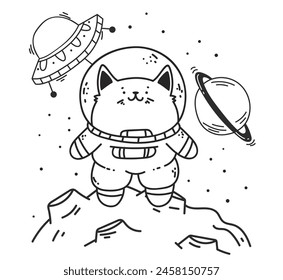 Astronaut cute cat space moon print concept. Vector flat graphic design illustration