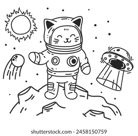 Astronaut cute cat space moon print concept. Vector flat graphic design illustration