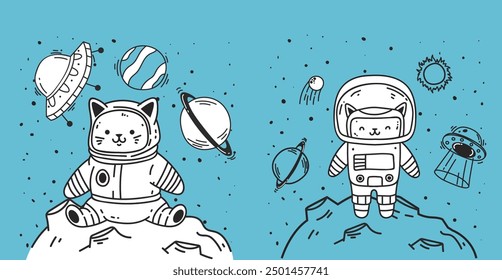 Astronaut cute cat space moon print concept. Vector flat graphic design illustration