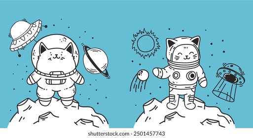 Astronaut cute cat space moon print concept. Vector flat graphic design illustration