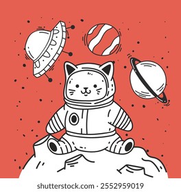 Astronaut cute cat space moon print concept. Vector flat graphic design illustration