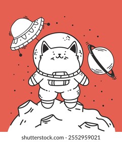 Astronaut cute cat space moon print concept. Vector flat graphic design illustration