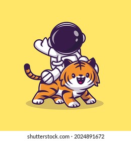 Astronaut With Cute Tiger Cartoon Vector Icon Illustration. Science Technology Icon Concept Isolated Premium Vector. Flat Cartoon Style