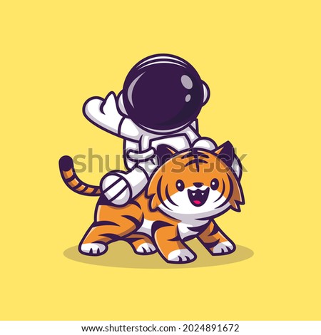 Astronaut With Cute Tiger Cartoon Vector Icon Illustration. Science Technology Icon Concept Isolated Premium Vector. Flat Cartoon Style