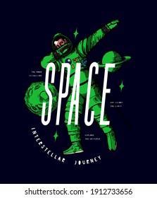 Astronaut dabbing in the outer space between the stars moon and planets. New american private company green and blue suit. Space t-shirt print vector illustration.