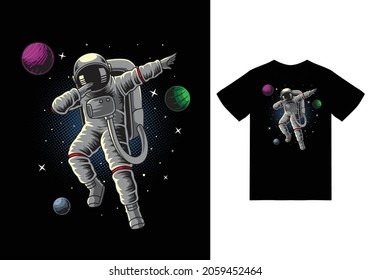 Astronaut dabbing in space illustration with tshirt design premium vector the Concept of Isolated Technology. Flat Cartoon Style Suitable for Landing Web Pages, Banners, Flyers, Stickers, Cards