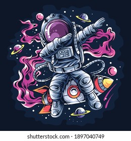 astronaut dabbing style on a space rocket with the stars and planets vector