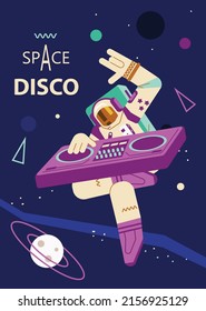 Astronaut dance and play music on DJ mixing console on disco party. Vertical poster with dancing spaceman in spacesuit isolated on space background in flat vector illustration with text