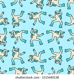 Astronaut dance in space pattern seamless. Spaceman dancer background. Cosmonaut disco texture. vector ornament
