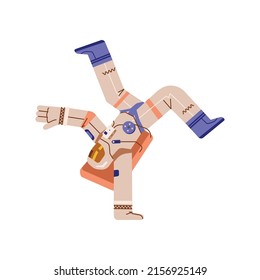 Astronaut dances in spacesuit in zero gravity isolated on white background. Character in flat vector illustration break dancing in space. Retro style astronaut having fun at disco