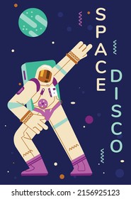 Astronaut dancing disco in outer space, trendy poster template, flat vector illustration. Man in spacesuit in dance pose. Cartoon character of spaceman.