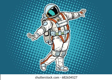 Astronaut dancing, funny gesture. Pop art retro comic book vector illustration