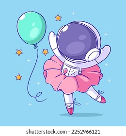 Astronaut is dancing happily with balloon