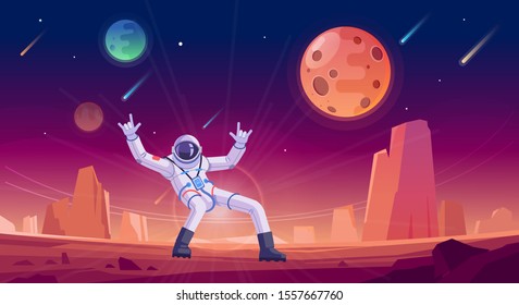 Astronaut dancing on some Planet in the Space and planet background. Red, purple Space landscape background for game or design. Vector cartoon illustration.