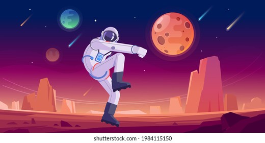 Astronaut dancing on some Planet in the Space and planet background. Red, purple Space landscape background for game or design. Vector cartoon illustration.