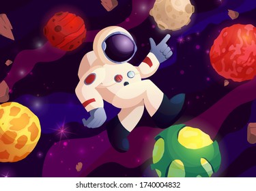 Astronaut is dancing. Open space with fantasy planets, asteroids and stars. Cartoon vector illustration.