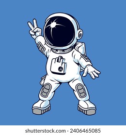 Astronaut tanzt und zeigt Siegesgestik. Erfolgskonzept. Cute Raumfahrer einzeln auf dem Raumschiff. Weltraumforschungscharakter. Cartoon Comic Stil flach Vektorgrafik.