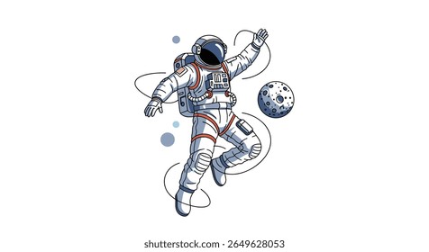 Astronaut dancing in space with planets and stars floating around a celestial sphere