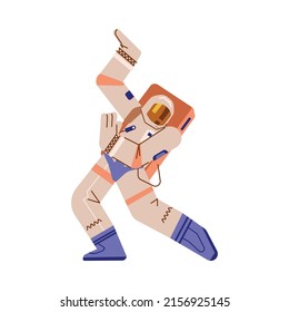 Astronaut dancing, vector flat illustration on a white background. A cute astronaut in a suit is dancing in space. The astronaut is resting.