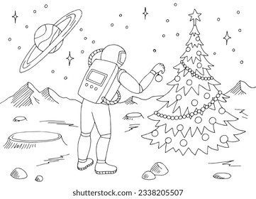 Astronaut decorates the Christmas tree on alien planet graphic black white space landscape sketch illustration vector