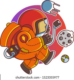 astronaut deep outer space sputnik planet cartoon character vector 