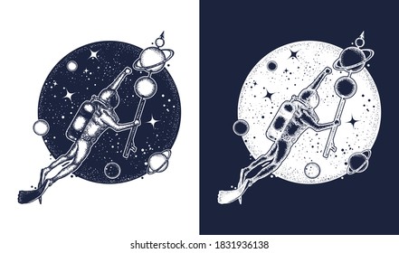 Astronaut in deep space t-shirt design. Space diver floats in universe tattoo art. Symbol of science, research, travel. Black and white vector graphics 