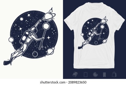 Astronaut in deep space t-shirt design. Space diver floats in universe tattoo art. Symbol of science, research, travel. Vector graphics template. Hand drawn illustration 