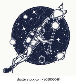 Astronaut in deep space t-shirt design. Diver floats in space tattoo art. Symbol of science, research, space travel 