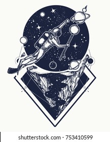 Astronaut in deep space t-shirt design. Diver floats in space tattoo art. Symbol of science, research 